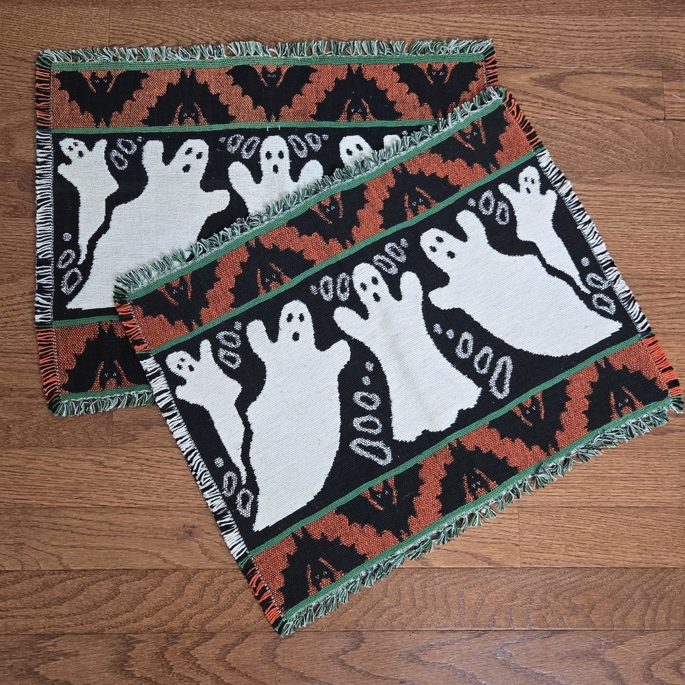 Vtg 90s Halloween Tapestry Placemats Ghosts Bats Black Orange White Fringe Woven